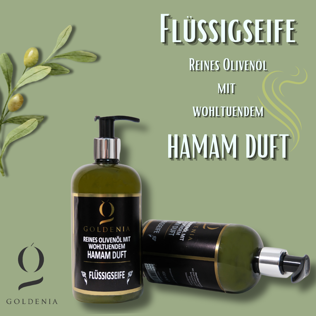 𝐆𝐨𝐥𝐝𝐞𝐧𝐢𝐚 "Flüssigseife" Reines Olivenöl mit  wohltuendem 𝐇𝐀𝐌𝐀𝐌 𝐃𝐔𝐅𝐓